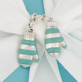 RARE Tiffany & Co Winter Snow Mittens Charm or Pendant Blue Enamel and Silver