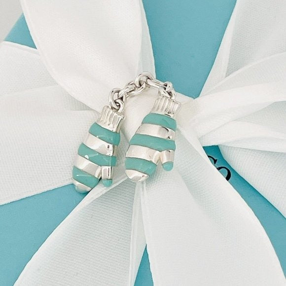 RARE Tiffany & Co Winter Snow Mittens Charm or Pendant Blue Enamel and Silver