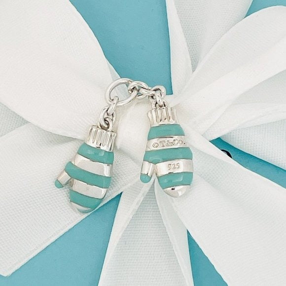 RARE Tiffany & Co Winter Snow Mittens Charm or Pendant Blue Enamel and Silver