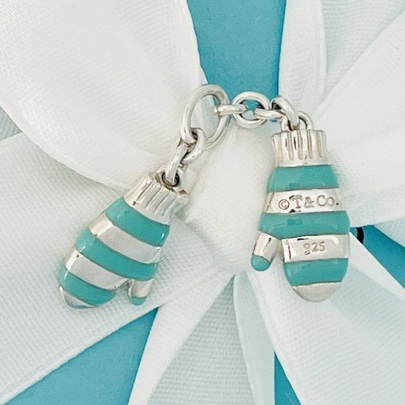 RARE Tiffany & Co Winter Snow Mittens Charm or Pendant Blue Enamel and Silver