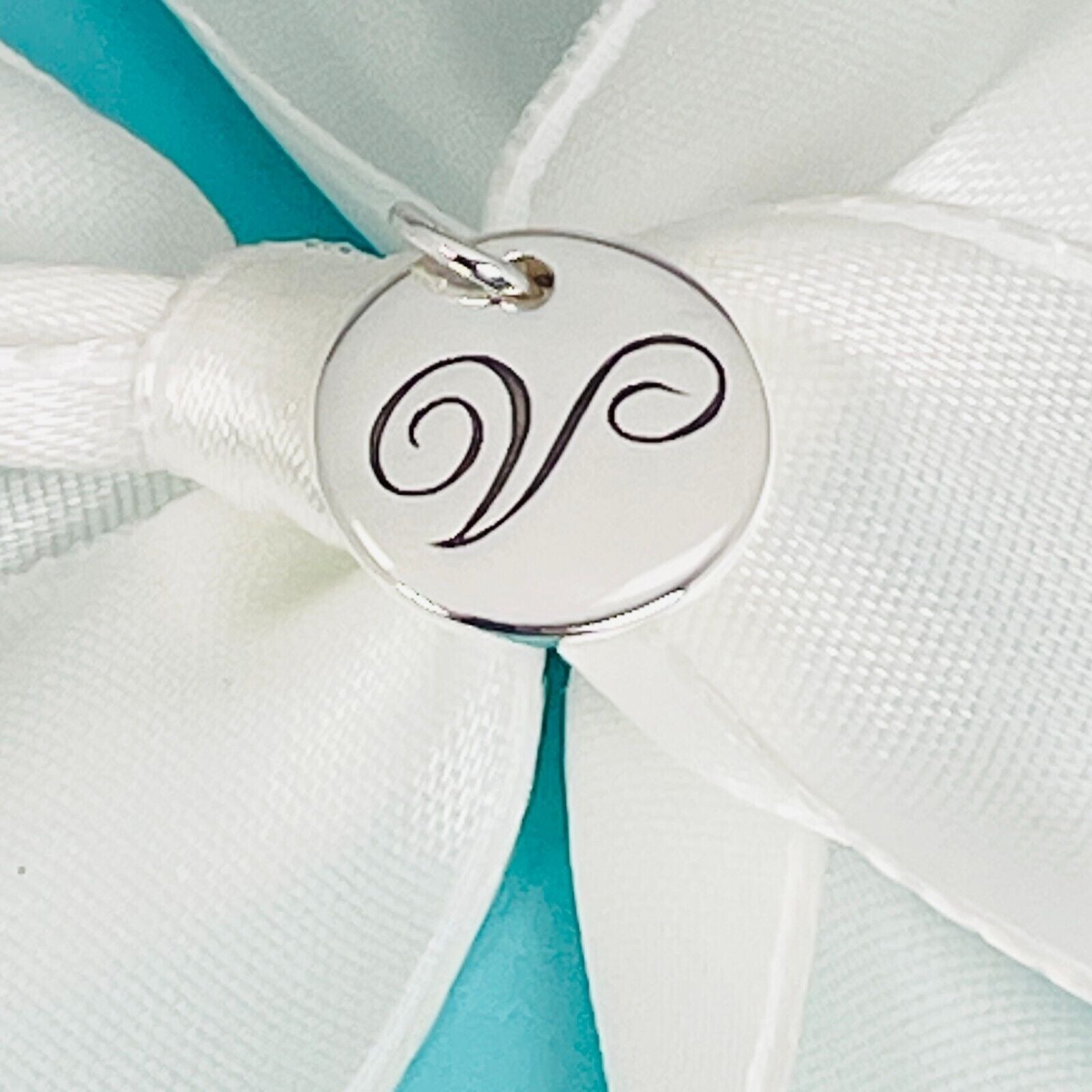Tiffany Letter V Alphabet Initial Round Circle Disc Notes Silver Charm Pendant