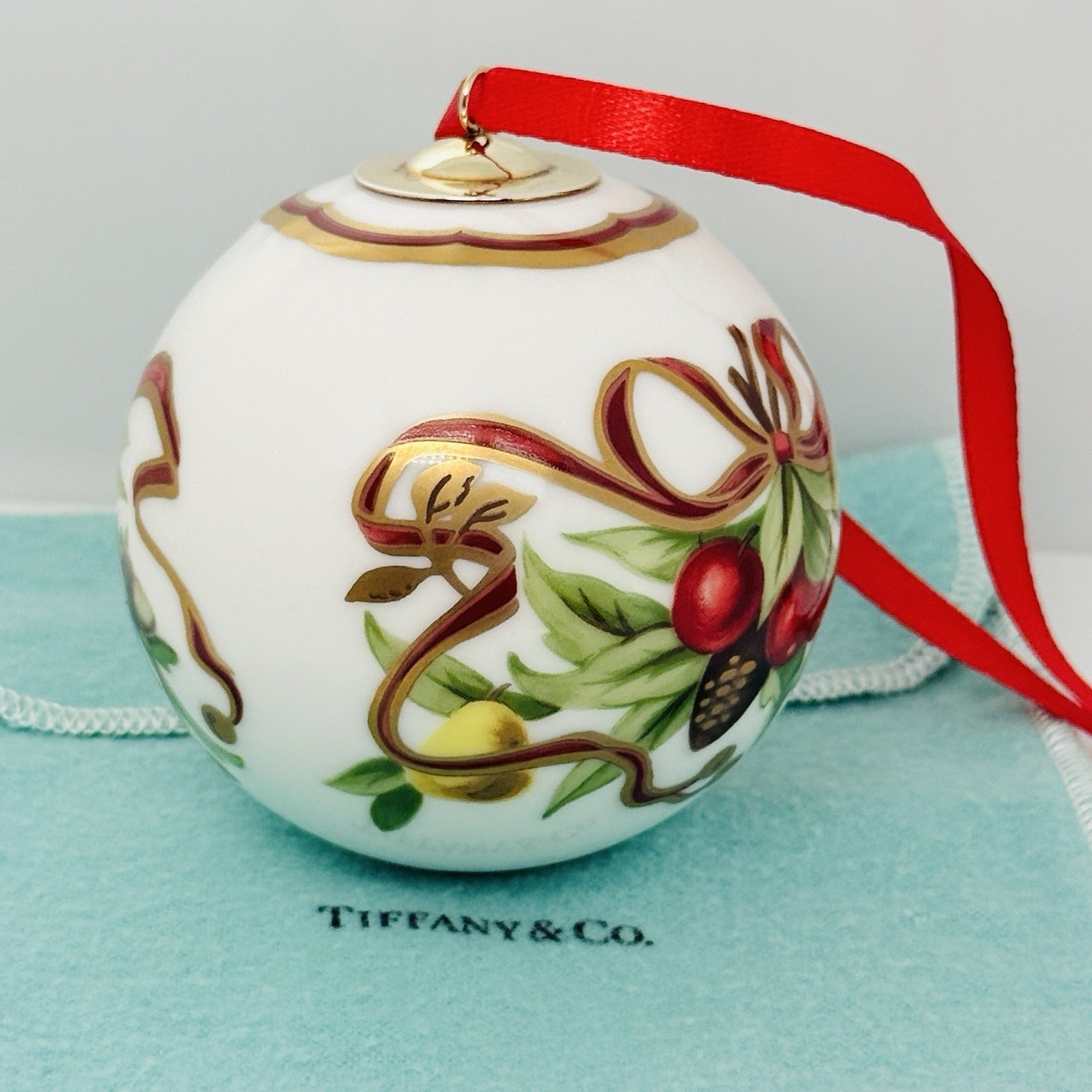 Tiffany Holiday Ball Ornament Christmas Mistletoe Bone China Painted Porcelain