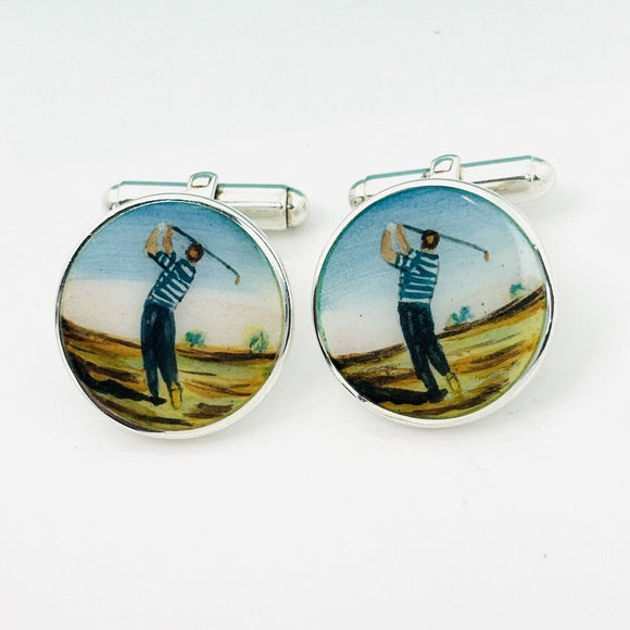 Tiffany Golf Hand Painted Enamel Cufflinks Vintage in Sterling Silver