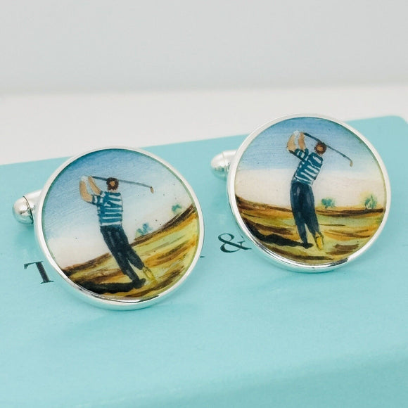 Tiffany Golf Hand Painted Enamel Cufflinks Vintage in Sterling Silver