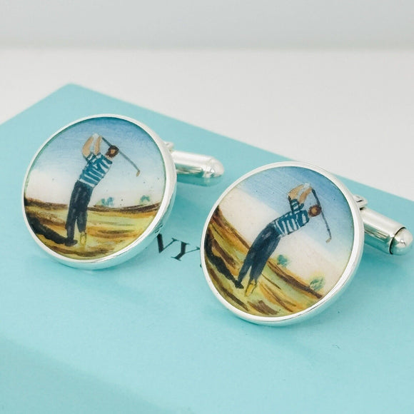 Tiffany Golf Hand Painted Enamel Cufflinks Vintage in Sterling Silver