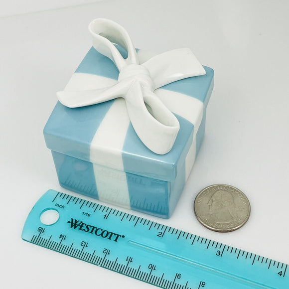 2" Small Tiffany Blue Gift Box White Ribbon Trinket Bone China Porcelain Jewelry