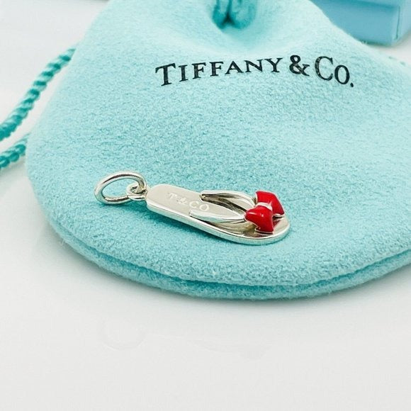 Tiffany & Co Flipflop Charm Beach Sandal Slipper in Red Enamel Sterling Silver
