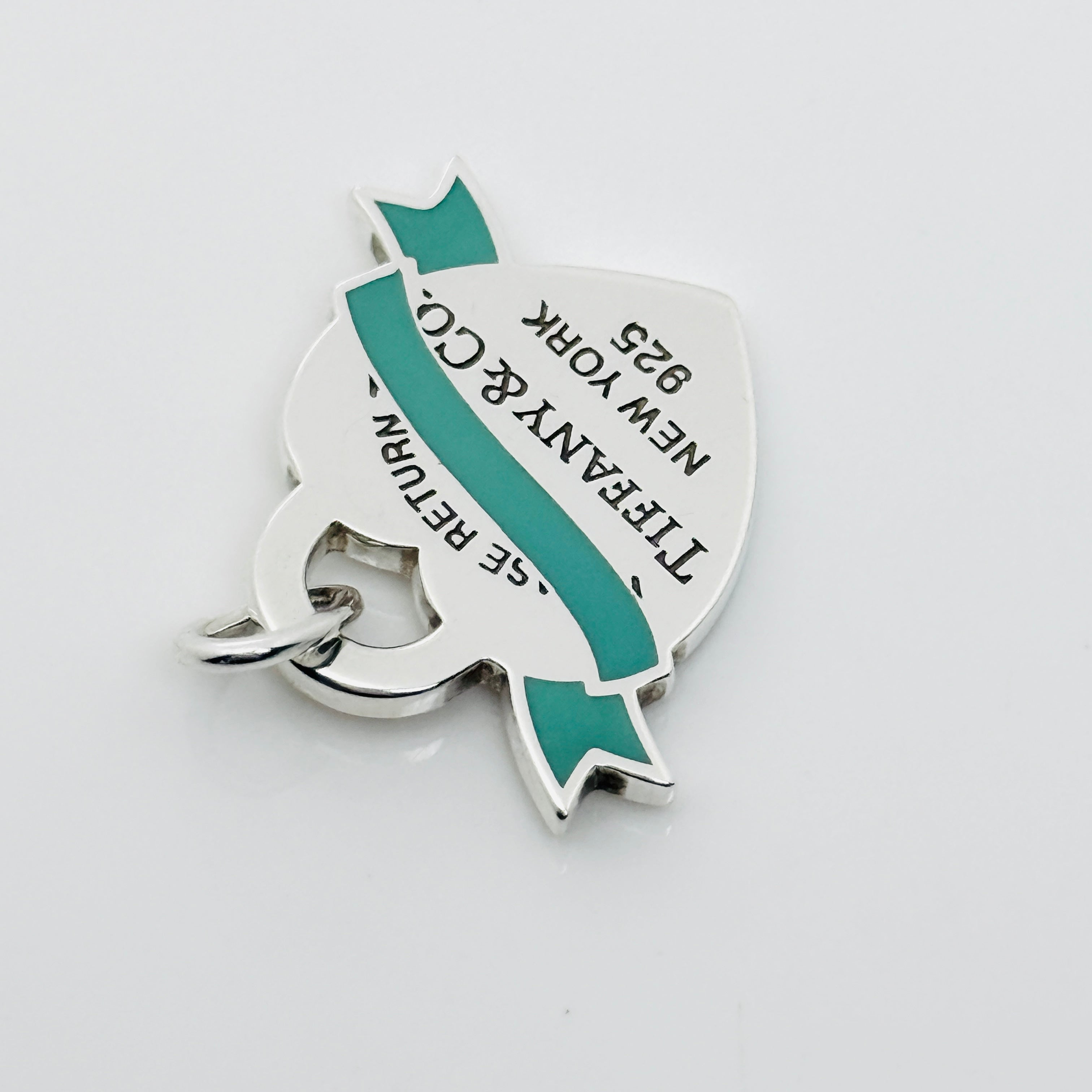 NEW Return to Tiffany Blue Enamel Ribbon Bow Banner Heart Tag Pendant Charm