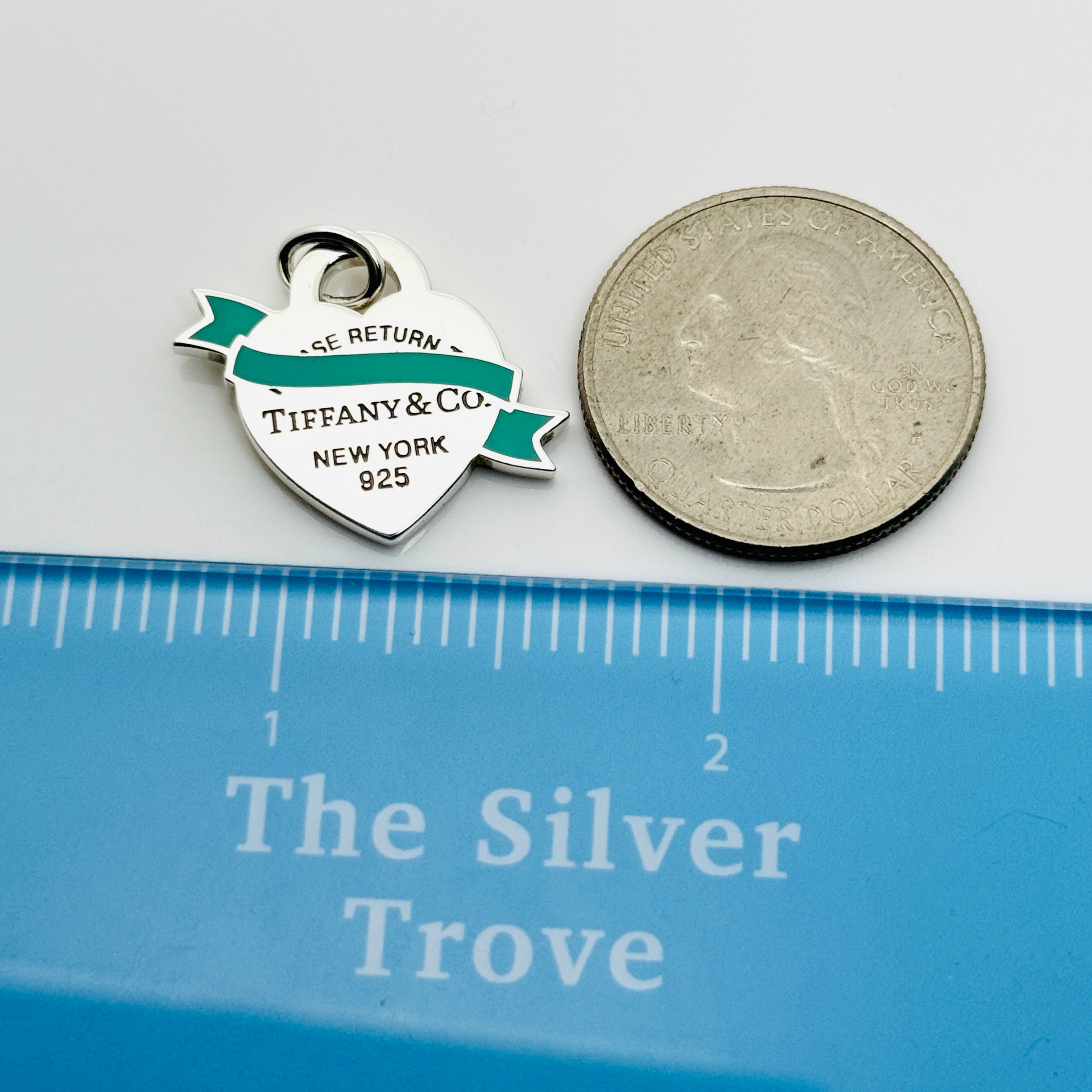 NEW Return to Tiffany Blue Enamel Ribbon Bow Banner Heart Tag Pendant Charm