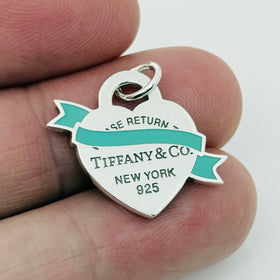NEW Return to Tiffany Blue Enamel Ribbon Bow Banner Heart Tag Pendant Charm - 0
