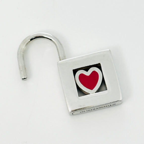 Tiffany & Co Heart Padlock Charm Or Pendant in Red Enamel and Sterling Silver