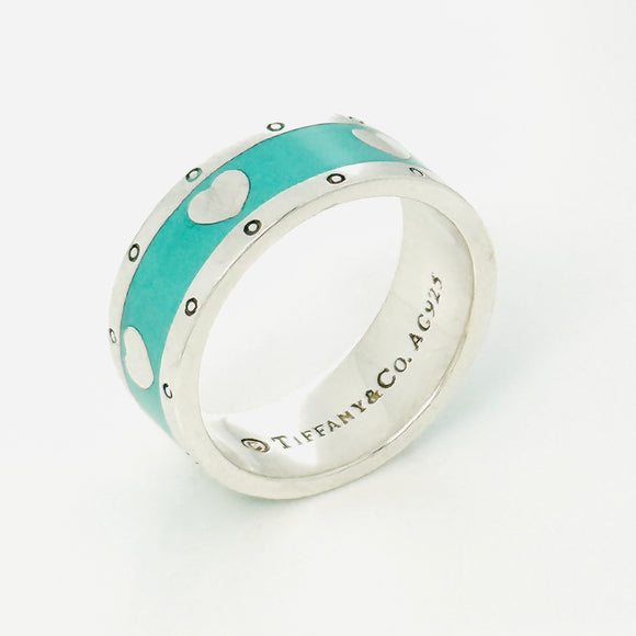 Tiffany & Co. Blue Enamel and Silver Heart Wide Ring Band Size 6.5