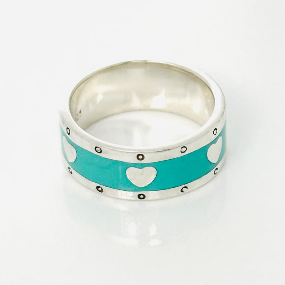 Tiffany & Co. Blue Enamel and Silver Heart Wide Ring Band Size 6.5