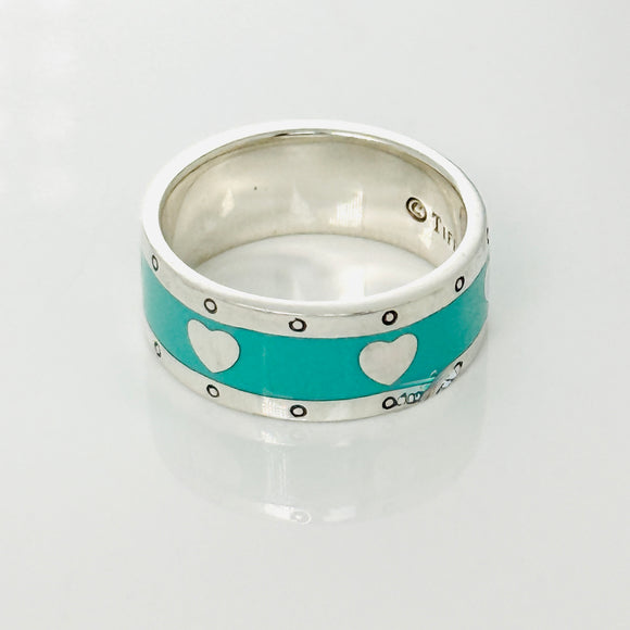 Tiffany & Co. Blue Enamel and Silver Heart Wide Ring Band Size 6.5