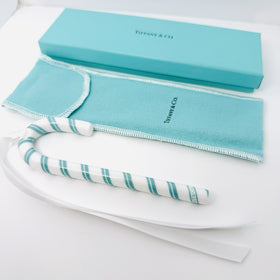 Tiffany Red White Candy Cane Christmas Holiday Ornament with Blue Gift Box Pouch - 0