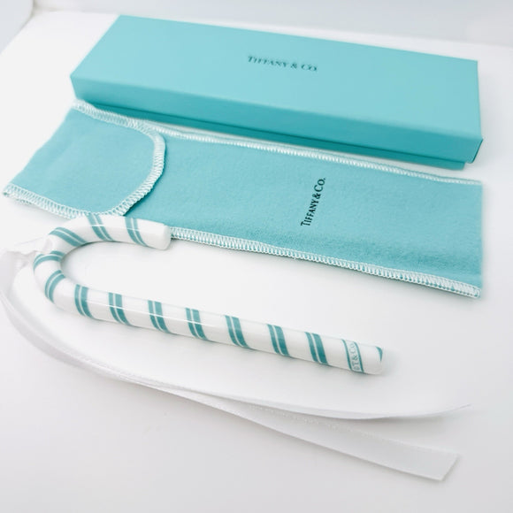 Tiffany Red White Candy Cane Christmas Holiday Ornament with Blue Gift Box Pouch