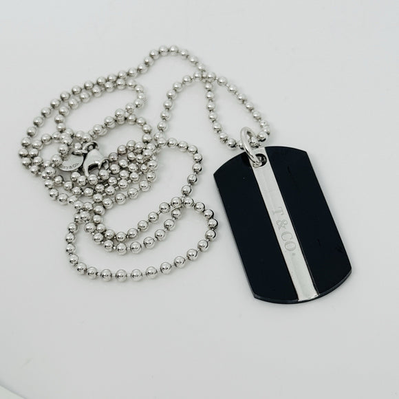 24" Tiffany T&CO Dog Tag Pendant Necklace on Bead Chain in Titanium and Silver