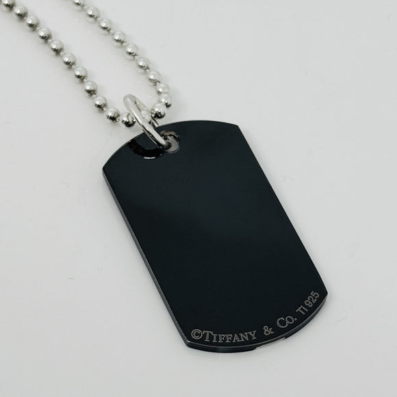24" Tiffany T&CO Dog Tag Pendant Necklace on Bead Chain in Titanium and Silver