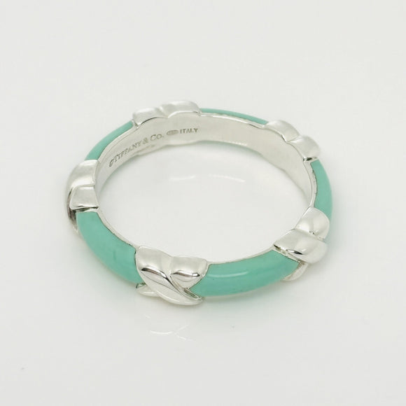Size 8 Tiffany Signature X Kiss Ring in Blue Enamel and Sterling Silver