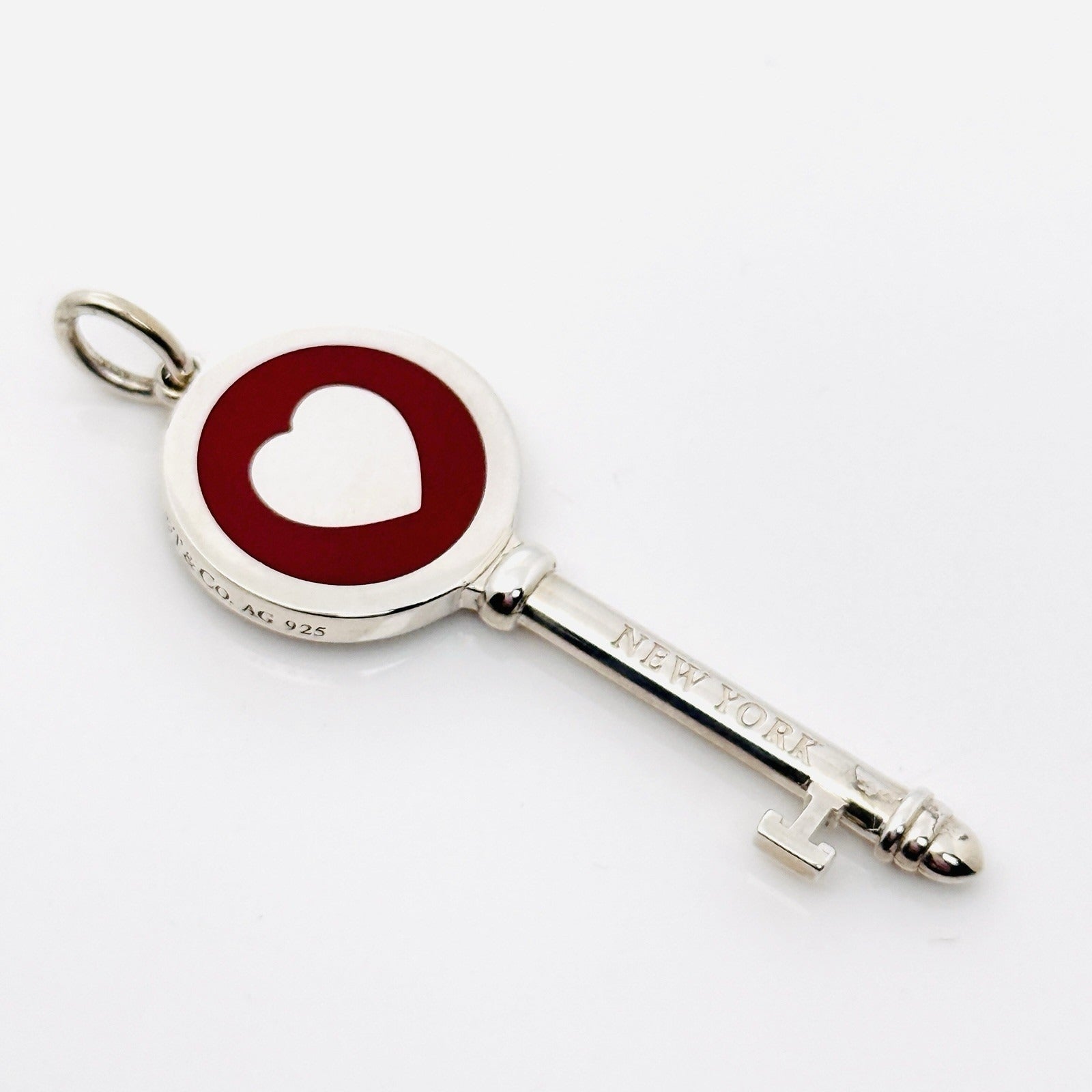 Tiffany & Co Red Enamel Heart Key Pendant in Sterling Silver