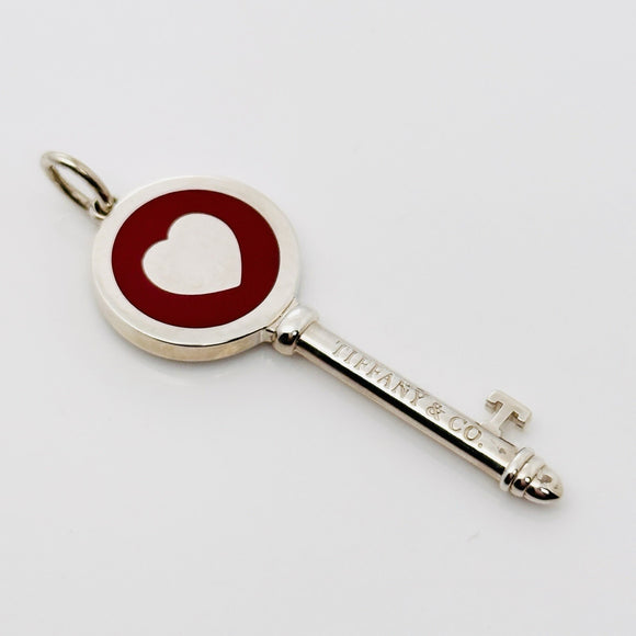 Tiffany & Co Red Enamel Heart Key Pendant in Sterling Silver