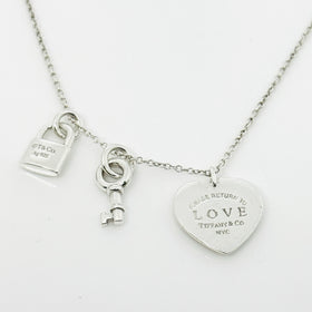 16" Return to Tiffany & Co. Love Heart Padlock Lock Key Pendant Chain Necklace - 0