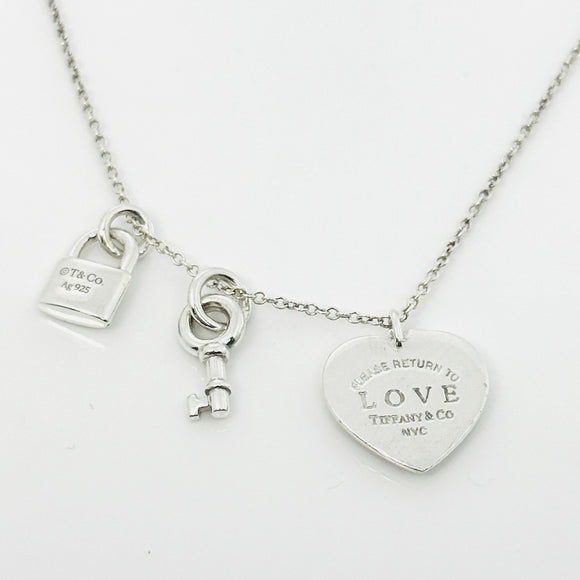 16" Return to Tiffany & Co. Love Heart Padlock Lock Key Pendant Chain Necklace