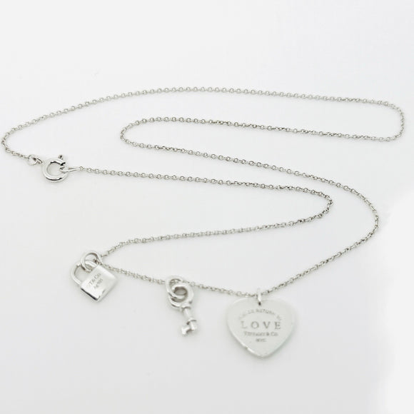 16" Return to Tiffany & Co. Love Heart Padlock Lock Key Pendant Chain Necklace