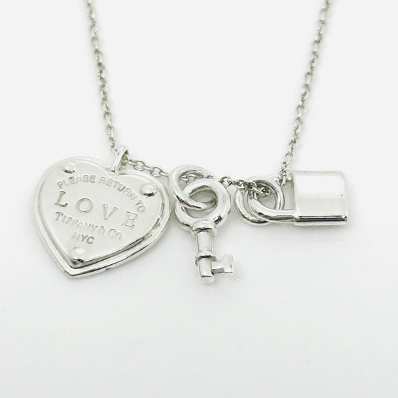 16" Return to Tiffany & Co. Love Heart Padlock Lock Key Pendant Chain Necklace