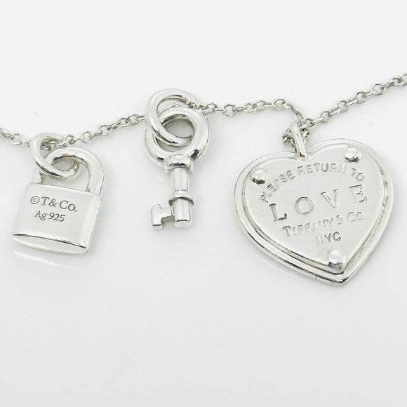 16" Return to Tiffany & Co. Love Heart Padlock Lock Key Pendant Chain Necklace