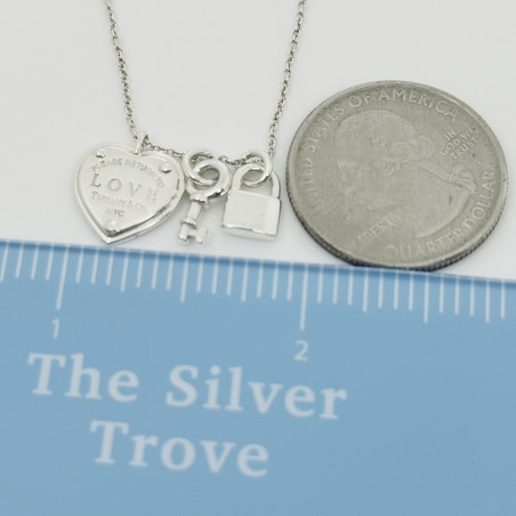 16" Return to Tiffany & Co. Love Heart Padlock Lock Key Pendant Chain Necklace