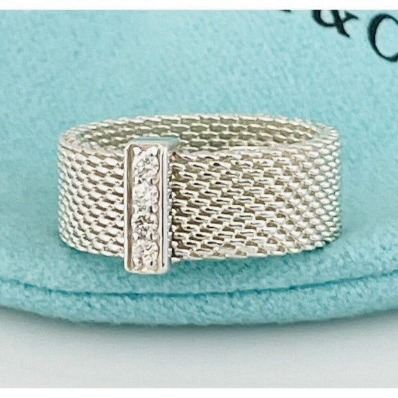 Size 5 Tiffany & Co Somerset 4 Diamond Ring Mesh Weave in Sterling Silver
