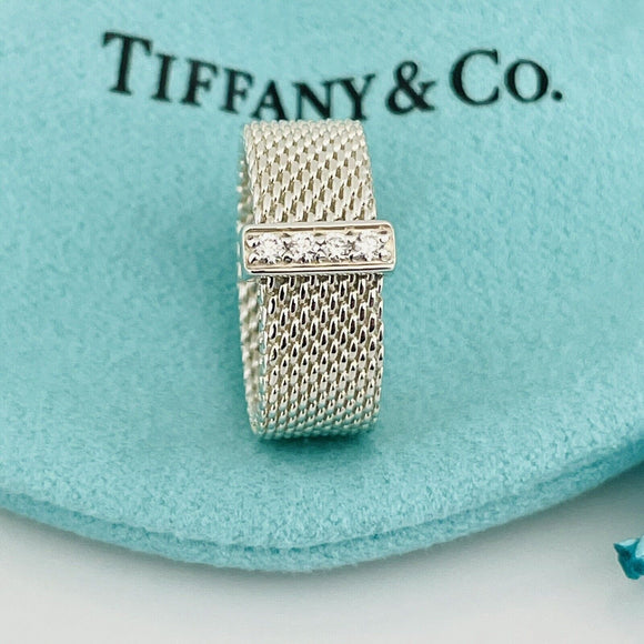 Size 5 Tiffany & Co Somerset 4 Diamond Ring Mesh Weave in Sterling Silver