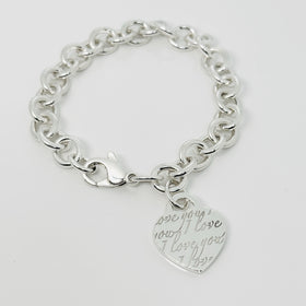 8.5" Large Tiffany & Co I LOVE YOU Notes Heart Script Charm Bracelet in Silver