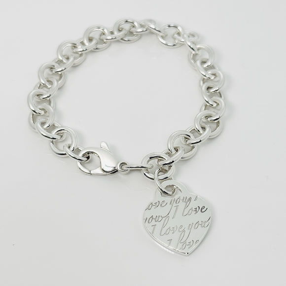 8.5" Large Tiffany & Co I LOVE YOU Notes Heart Script Charm Bracelet in Silver