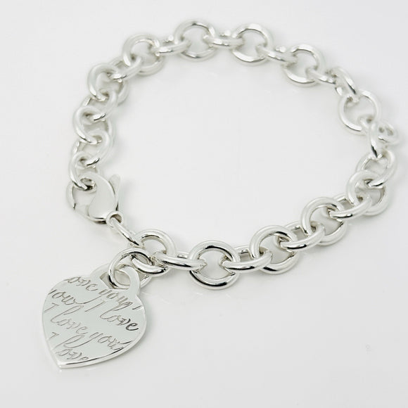 8.5" Large Tiffany & Co I LOVE YOU Notes Heart Script Charm Bracelet in Silver