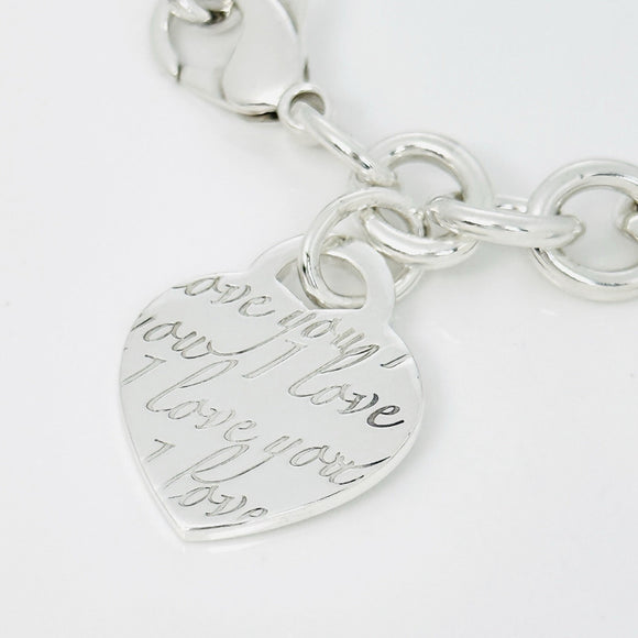 8.5" Large Tiffany & Co I LOVE YOU Notes Heart Script Charm Bracelet in Silver