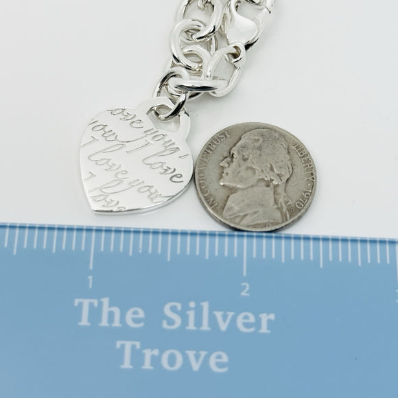 8.5" Large Tiffany & Co I LOVE YOU Notes Heart Script Charm Bracelet in Silver