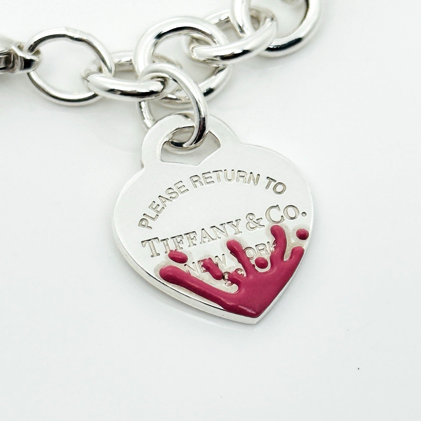 Please Return to Tiffany Pink Color Splash Enamel Heart Tag Bracelet
