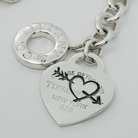 Authentic Return Tiffany Etched Bow Arrow Heart Tag Toggle Necklace in Silver