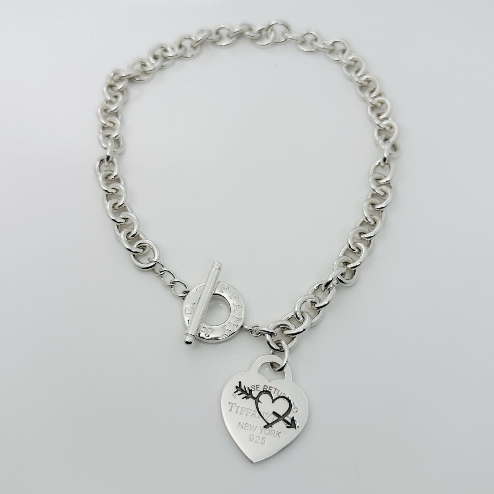 Authentic Return Tiffany Etched Bow Arrow Heart Tag Toggle Necklace in Silver - 0