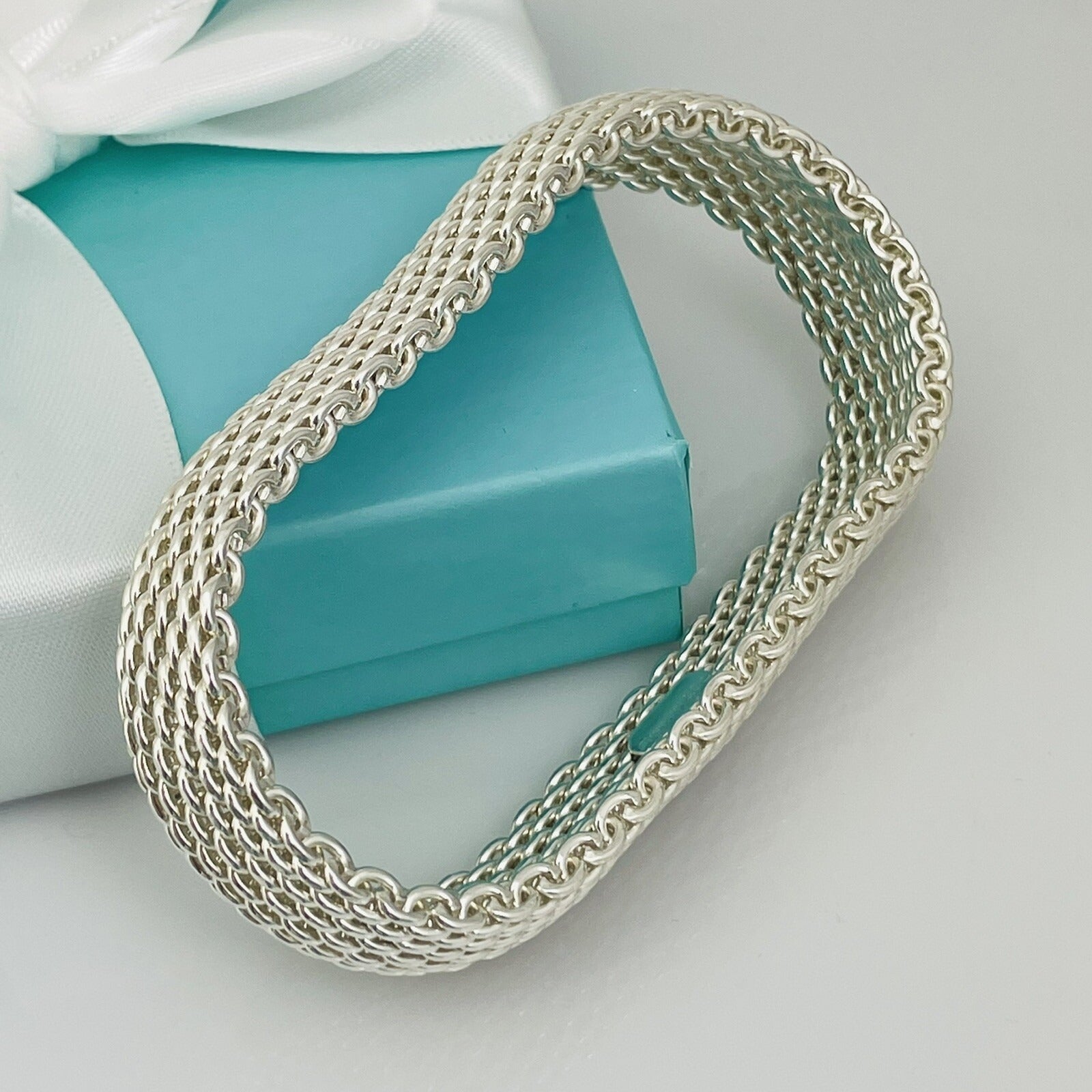 7.25" Tiffany & Co Somerset Flexible Mesh Weave Bangle Bracelet in Silver