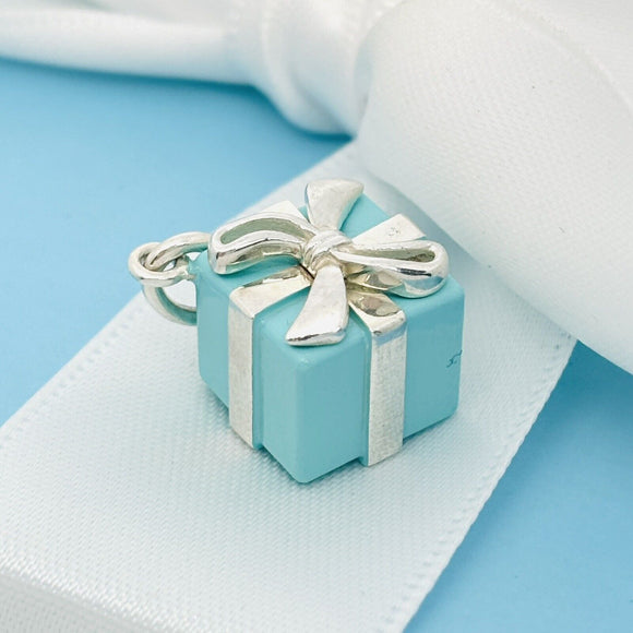 Tiffany Blue Gift Box Charm or Pendant in Blue Enamel and Sterling Silver