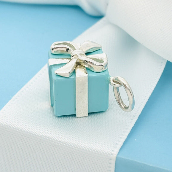 Tiffany Blue Gift Box Charm or Pendant in Blue Enamel and Sterling Silver