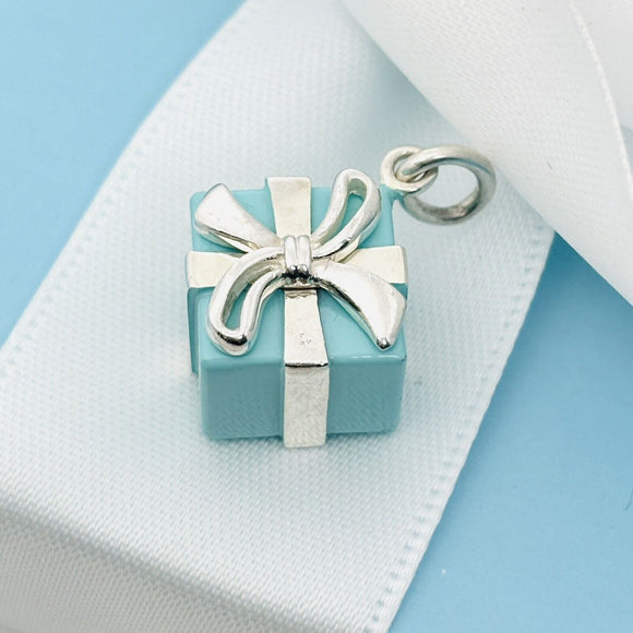 Tiffany Blue Gift Box Charm or Pendant in Blue Enamel and Sterling Silver