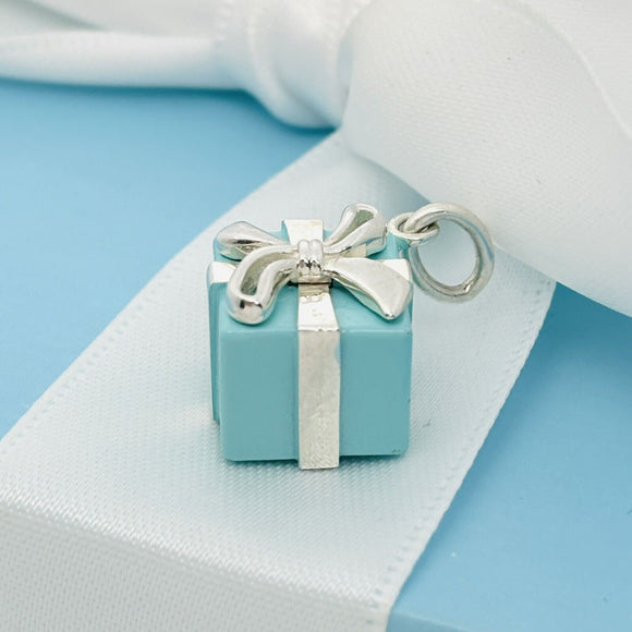 Tiffany Blue Gift Box Charm or Pendant in Blue Enamel and Sterling Silver