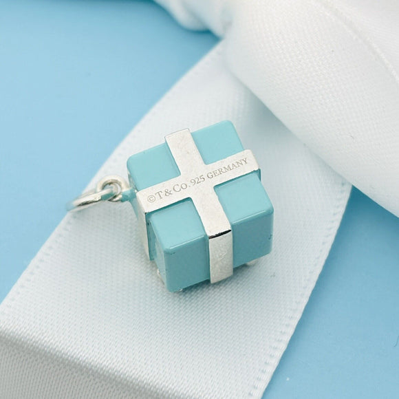 Tiffany Blue Gift Box Charm or Pendant in Blue Enamel and Sterling Silver