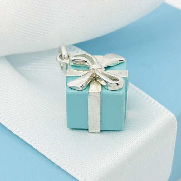 Tiffany Blue Gift Box Charm or Pendant in Blue Enamel and Sterling Silver