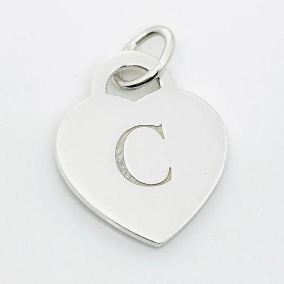 Tiffany Silver Letter C Alphabet Initial Heart Notes Engraved Charm Pendant