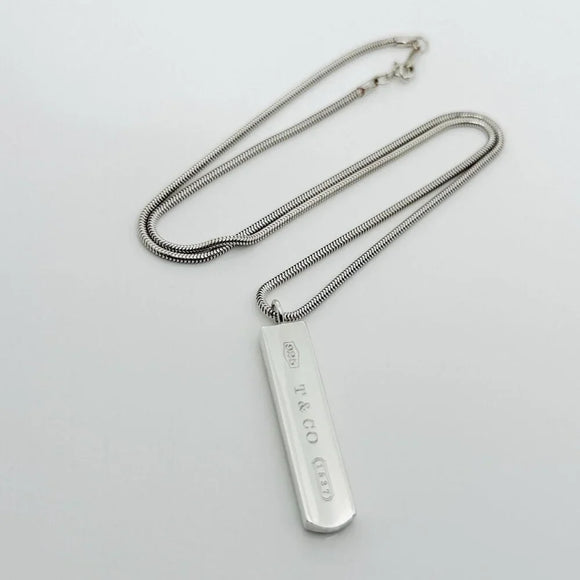 Tiffany & Co. 1837 Bar Dog Tag Pendant 18" Necklace Silver Snake Chain